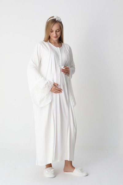 ERDENİZ TEKSTİL Long Sleeve Maternity Nightgown with Dressing Gown 2-Piece Set