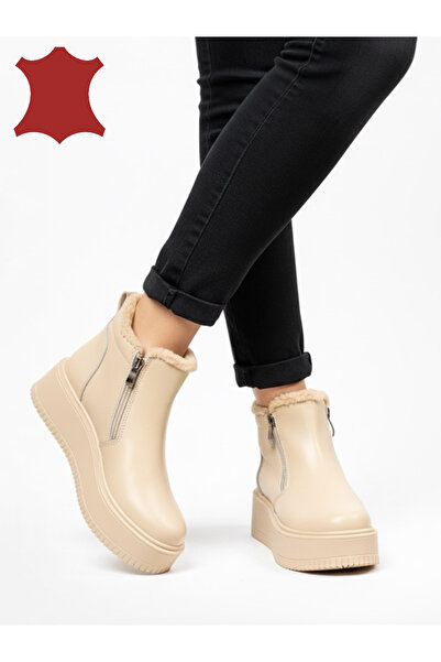 ANGEL BLUE Women's black genuine leather boots with fur trim and double zipper closure