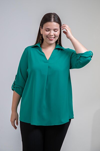 Roxxlen 1212094 Γυναικεία μπλούζα με γιακά μεγάλου μεγέθους V πράσινο