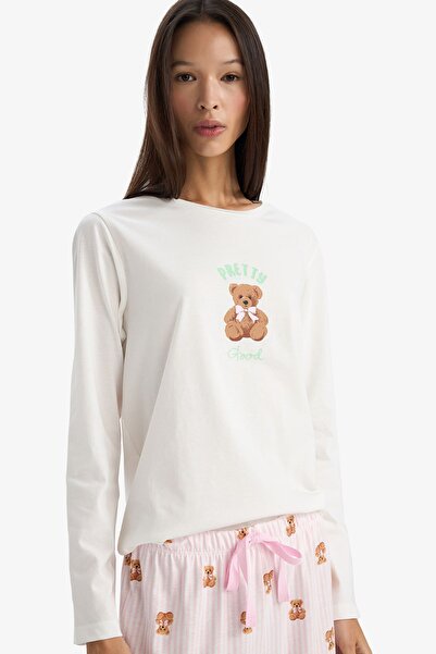 DeFacto Pijama Takımı Regular Fit Ayı Baskılı Uzun Kollu Üst Desenli Uzun Alt-Fall in Love G3346AX25AU