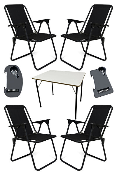 moniev Litea 4 Adet Kamp Sandalyesi Katlanır Piknik Sandalye ve Bardaklık Siy...
