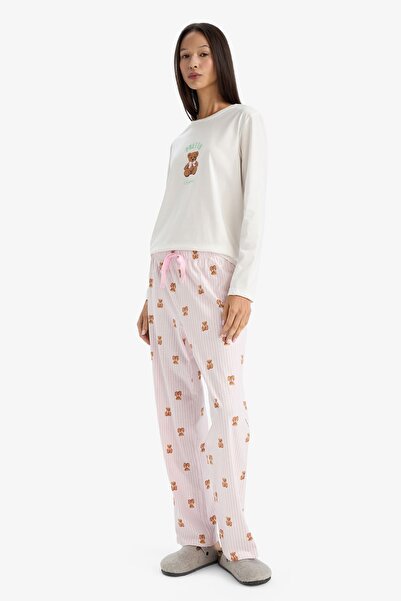 DeFacto Pijama Takımı Regular Fit Ayı Baskılı Uzun Kollu Üst Desenli Uzun Alt-Fall in Love G3346AX25AU