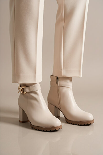 Brielfy Liora 9 cm Heeled Chain Buckle Oval Toe Faux Leather Zipper Winter Women's Boots