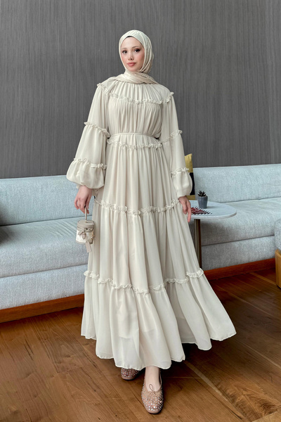 Salih Çelebi Şifon Fırfırlı Elbise 9886 - TAŞ RENGİ