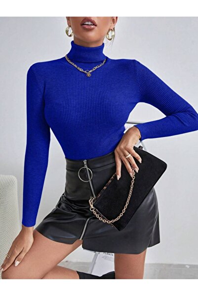 VASK Pulover de damă albastru cu mânecă lungă material reiat basic