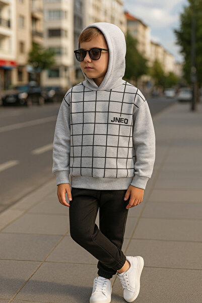 canmana kids&baby Квадратен принт 3-нишки Шардоне качулат комплект за момчета