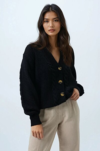 VAGGON V-Neck Hair Braid Patterned Balloon Sleeve Knitwear Cardigan