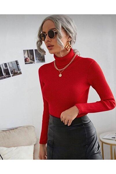 VASK Pulover roșu cu mânecă lungă pentru femei material reiat basic