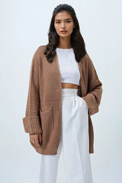 VAGGON Women's Biscuit Double Pocket Double Sleeve Thessaloniki Knit Long Knitwear Cardigan Prmx14439
