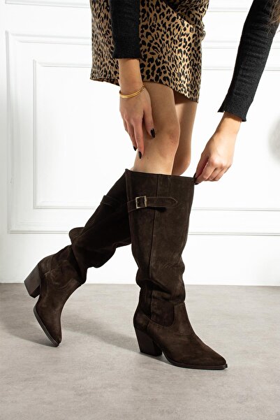 ShoeTek Prenis Cowboy Women's Boots Side Buckle Genuine Leather Suede