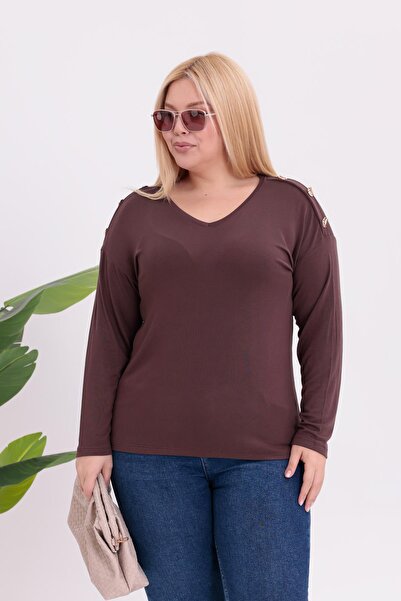 Siyezen Plus Size Blouse with Gold Button Detail on the Shoulders
