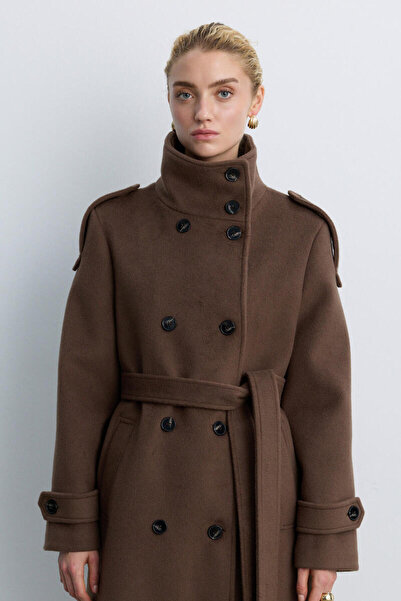 BE BLUE Brown Stand-Up Collar Long Coat