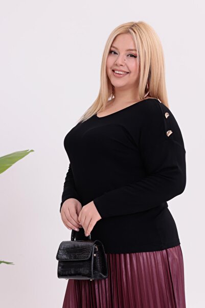 Siyezen Plus Size Blouse with Gold Button Detail on the Shoulders