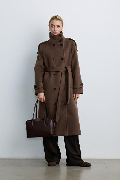 BE BLUE Brown Stand-Up Collar Long Coat