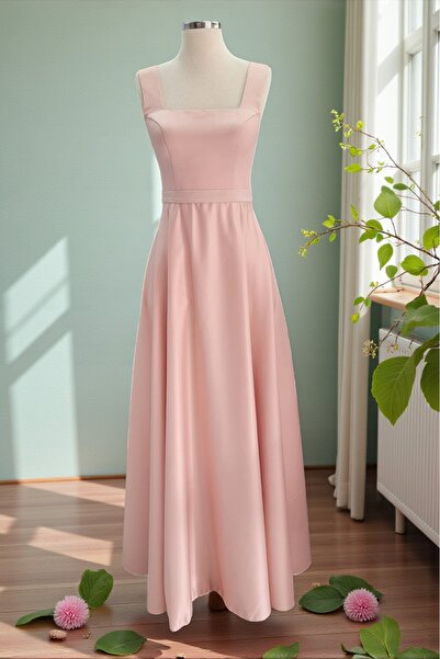 FİYPER Powder Square Neck Satin Evening Dress Maxi Length