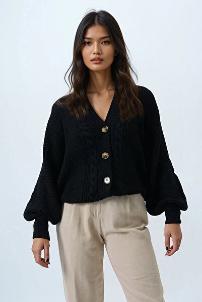 VAGGON V-Neck Hair Braid Patterned Balloon Sleeve Knitwear Cardigan