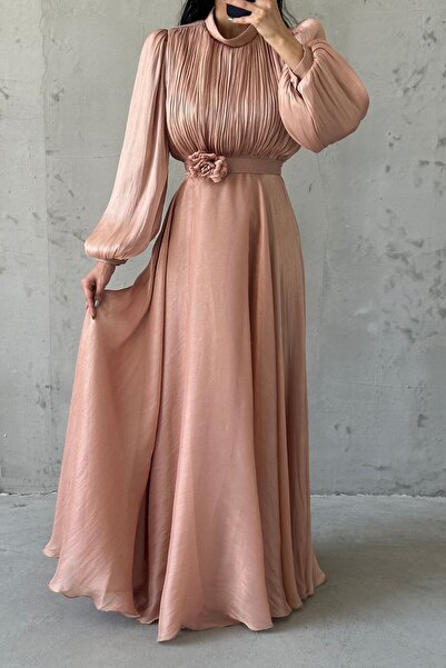 leyuze Modern Tasarım Broş Detaylı Tesettür Abiye Bakır