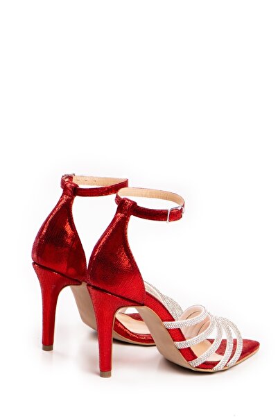 Vanilla Days Aurora Red Metallic Stiletto Sandals with Crystal Accents - Genuine Leather