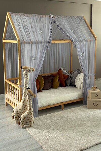 Miniden Gri Çift Perdeli Montessori Yatak Cibinliği Montessori Cibinlik