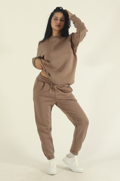 EydaMoon طقم بدلة رياضية نسائية من القطن الشتوي البني ذو الرقبة الدائرية