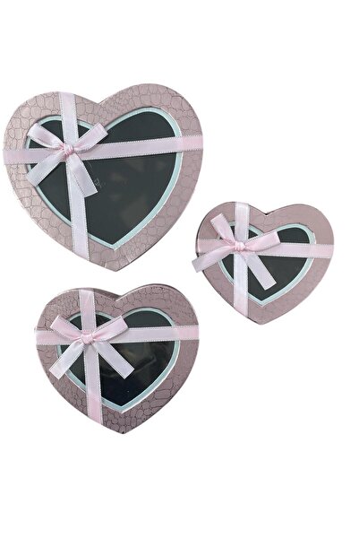 GÜZELYÜZ AVM Pembe Kalp Kutu Boş Hediye Kutusu 3'lü Set Küçük Orta Büyük