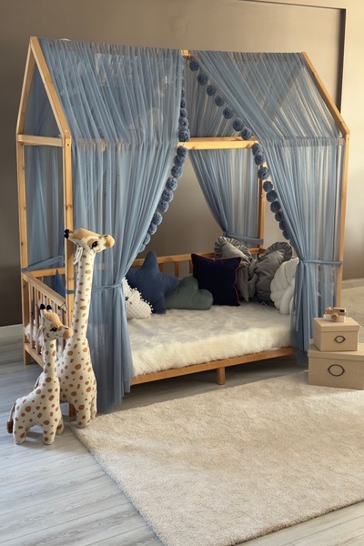 Miniden İndigo Çift Perdeli Montessori Yatak Cibinliği Montessori Cibinlik