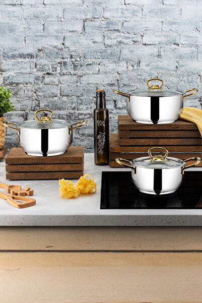 Ekber 6 Parça Gold Kulp Çelik Tencere Seti 14-16-18 cm | İndüksiyon Tabanlı Mutfak Seti