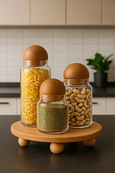 Elif mağazacılık 3-Piece Glass Jar Set with Wooden Ball Lid Sugar Bowl Snack Bowl Spice Bowl and Storage Container