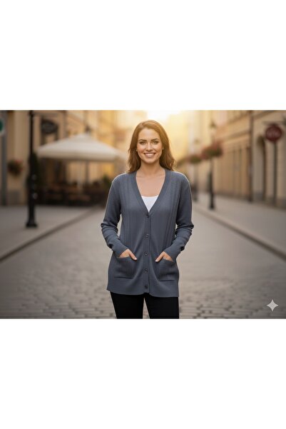 MADAM PARS V-Neck Buttoned Pocketed Long Knit Sweater Cardigan