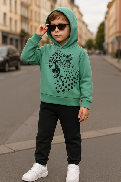 canmana kids&baby Комплект спортен екип с качулка и леопардов принт, изработен от 3-слоен памук