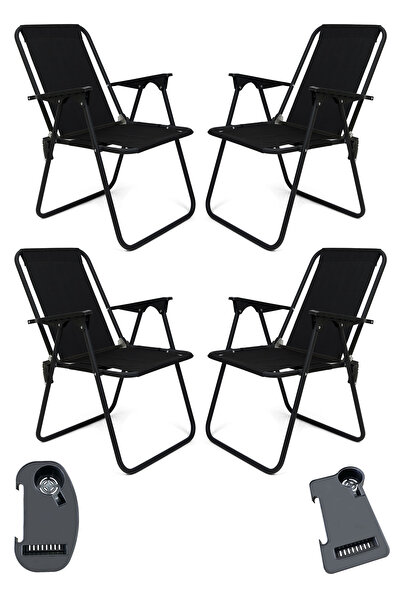 moniev Litea 4 Adet Kamp Sandalyesi Katlanır Piknik Sandalye ve Bardaklık Siyah
