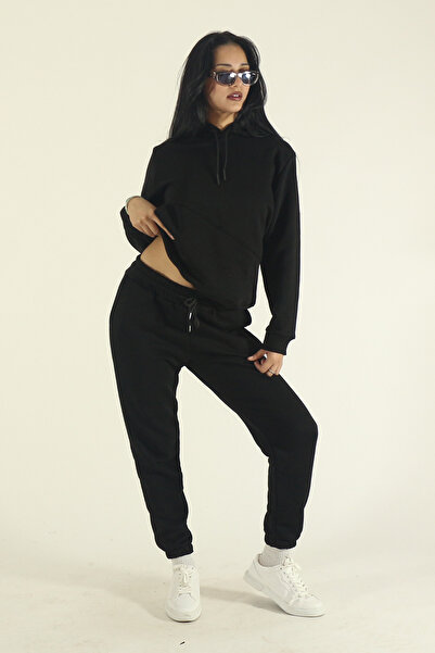 EydaMoon Women's Black Winter Cotton Puff Fabric Side Pocket Hooded Jogger Tracksuit Set