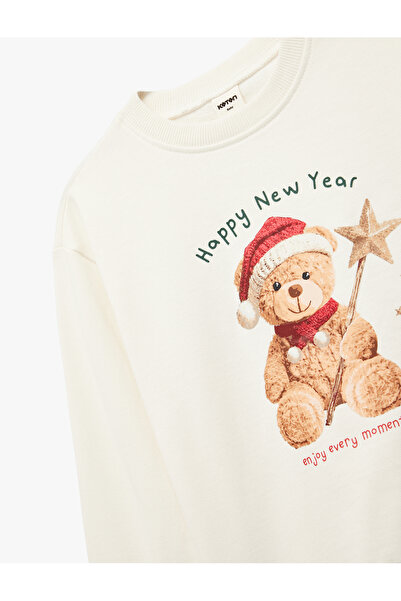 Koton Crew Neck Fleece-Lined New Year Themed Long Sleeve Teddy Bear Printed Cotton Sweatshirt