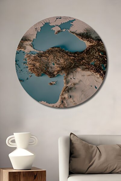 Teona Ahşap Mistik Türkiye Atlası Yağlı Boya Görünümlü Dekoratif Ahşap Tablo Yuvarlak Tablo