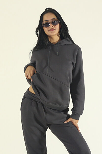 EydaMoon Women's Smoked Winter Cotton Puff Fabric Side Pocket Hooded Jogger Tracksuit Set