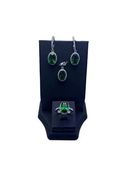 Turkuaz Silver Yeşil Taşlı Set Takım
