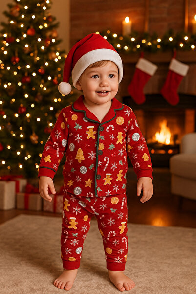 minilovebaby New Year Baby Pajamas Set Cookie Man Printed Red 100% Cotton with Santa Hat