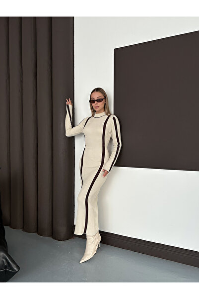 MODAMERSİ Women's Cream Crew Neck Striped Detail Long Dress