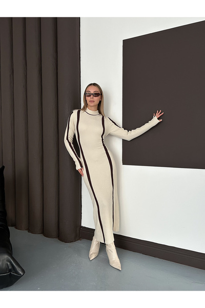 MODAMERSİ Women's Cream Crew Neck Striped Detail Long Dress