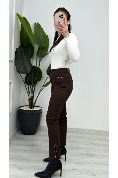 TUNAM BUTİK 1774-78 بنطلون جينز موم كاواي بتصميم فيوري باتشا ستون باللون البني