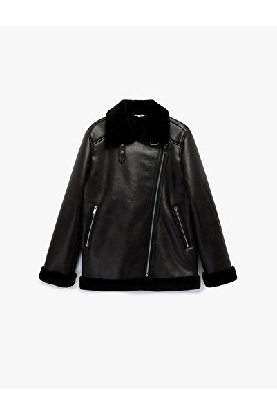 Koton Μακρυμάνικο μπουφάν με φερμουάρ από ψεύτικο δέρμα με επένδυση από βελούδο