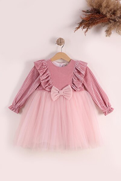 kidello Pink Velvet Children's Dress with Bow Pleated and Tulle Model