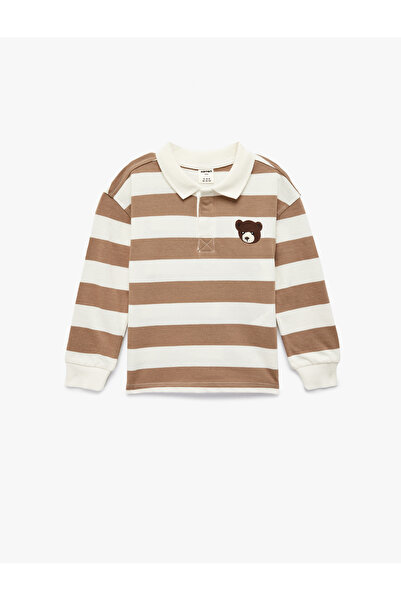 Koton Памучна блуза с дълъг ръкав, поло яка и ленти, бродирана с мече