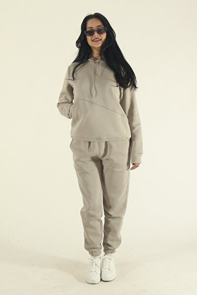 EydaMoon Women's Stone Winter Cotton Puff Fabric Side Pocket Hooded Jogger Tracksuit Set