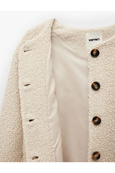 Koton Buttoned Pocket Detailed Long Sleeve Crew Neck Plush Bomber Jacket