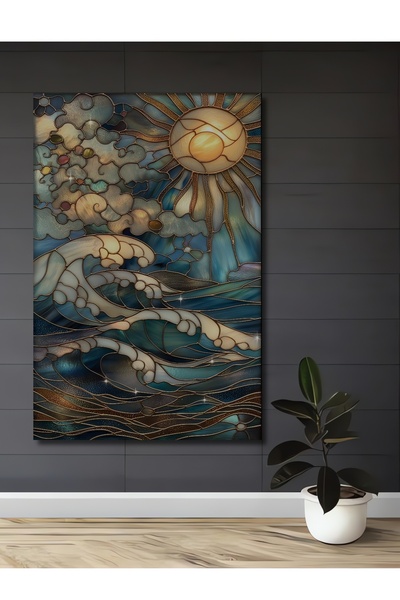 Teona Ahşap Vitray Görünümlü Deniz ve Güneş Temalı Ahşap Dekoratif Tablo Dikdörtgen Tablo