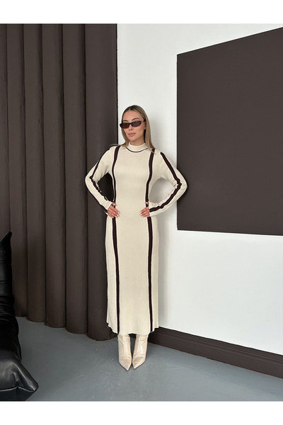 MODAMERSİ Women's Cream Crew Neck Striped Detail Long Dress