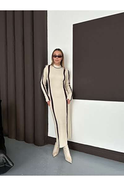 MODAMERSİ Women's Cream Crew Neck Striped Detail Long Dress
