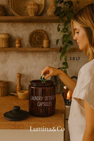 LUMİNA Amber Cam Kapaklı 3800 ml Deterjan Kapsül Saklama Kavanozu