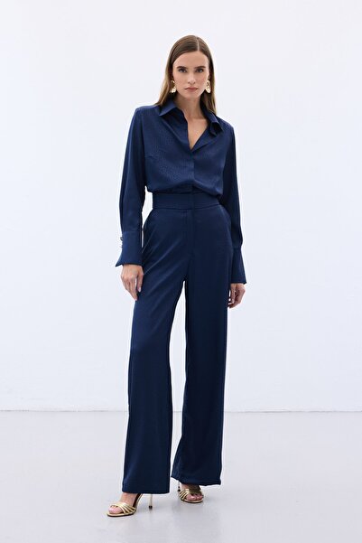Sateen Jacquard Trousers - Navy Blue